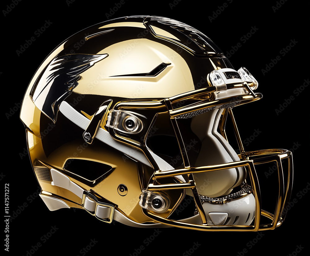 Fototapeta premium Golden american football helmet isolated on black