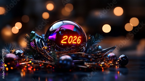 2026 New Year's Eve crystal ball reflecting the upcoming year, adorned with festive lights and ornaments, creating a magical atmosphere. photo