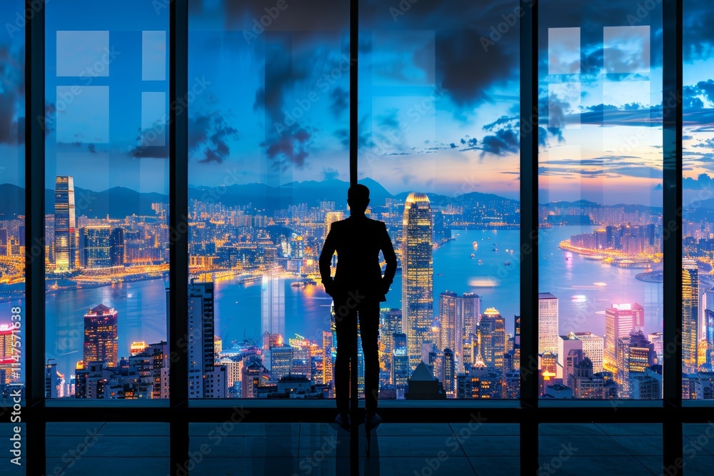 Fototapeta premium Business professional contemplates ambition amidst urban skyline, capturing city life essence