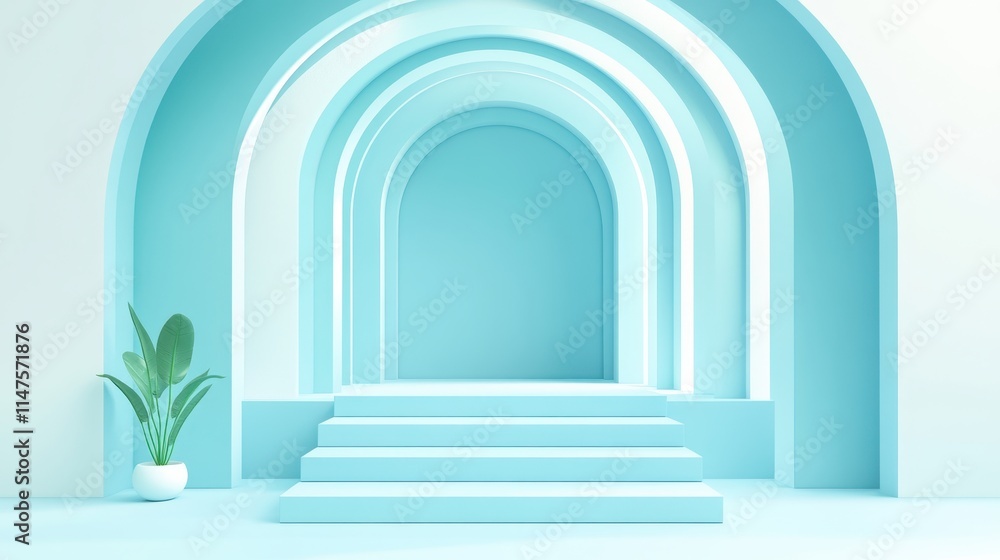 Fototapeta premium Serene Blue Archway Staircase Minimalist Design