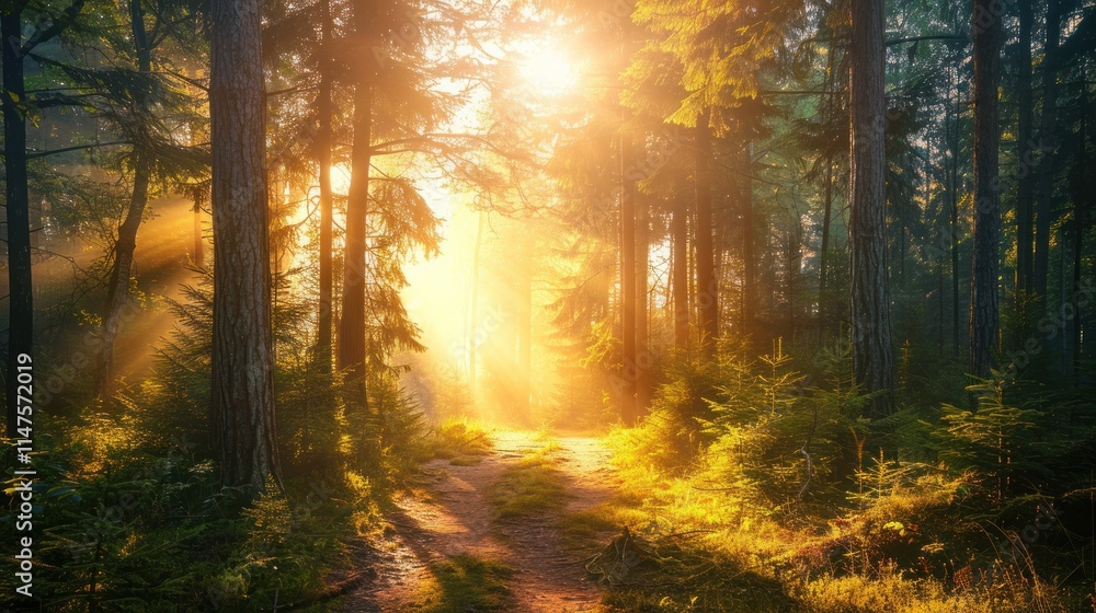 Sunbeams illuminate a misty forest path. Sunbeams illuminate a misty forest path.