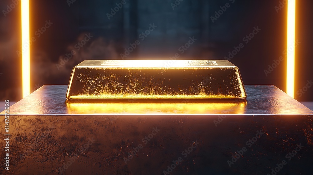 Gold Bullion Bar Displayed on a Podium as a Cast Bar Gold Bullion Bar Displayed on a Podium as a Cast Bar