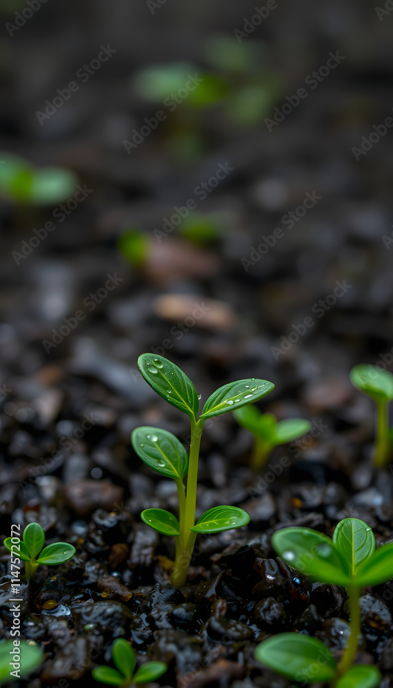 Green seedling growing on the ground in the rain, close-up, with white tones Green seedling growing on the ground in the rain, close-up, with white tones