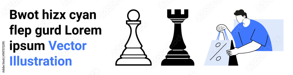 Chess pieces pawn, rook representing strategy next to a person in blue holding shopping bags. Ideal for business strategy, decision making, planning, retail, shopping concepts, strategy sessions Chess pieces pawn, rook representing strategy next to a person in blue holding shopping bags. Ideal for business strategy, decision making, planning, retail, shopping concepts, strategy sessions