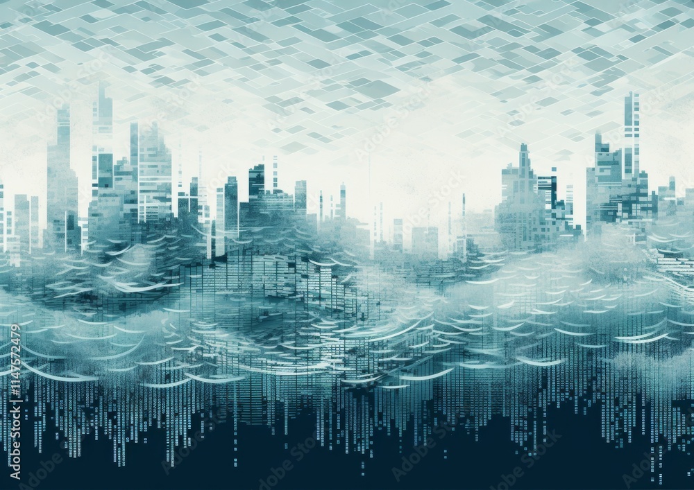 Fototapeta premium Abstract Cityscape in Blue Hues with Overlapping Forms and Digital Matrix Effect