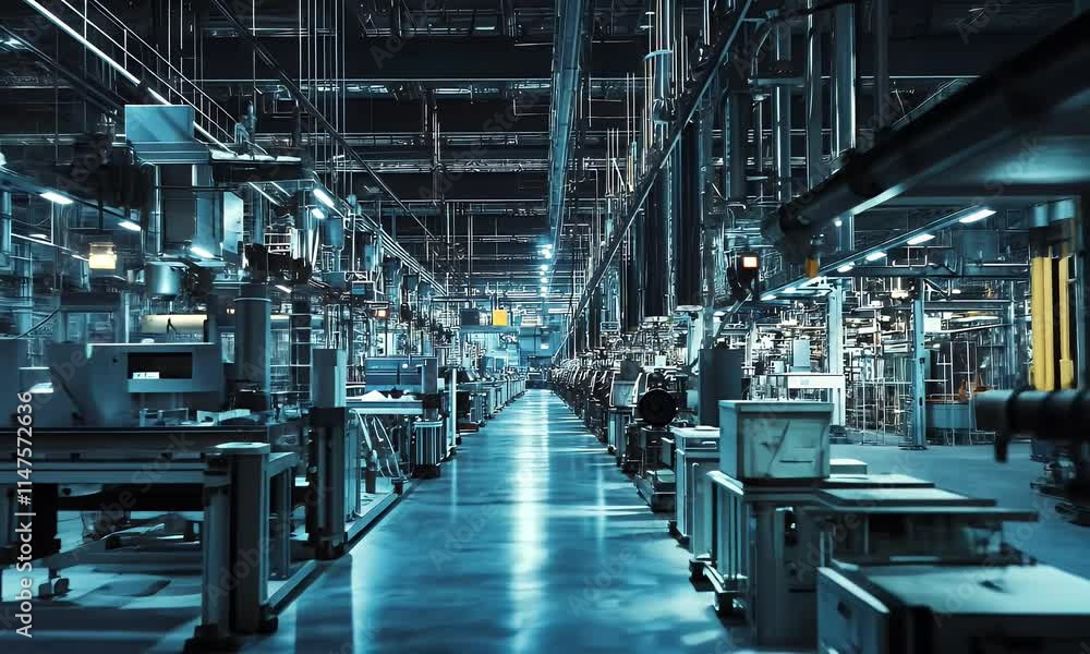 A spacious industrial facility with illuminated machinery and organized workstations. A spacious industrial facility with illuminated machinery and organized workstations.