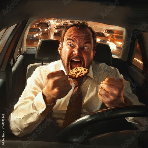 Man Eating Cookie In Car During Traffic Jam