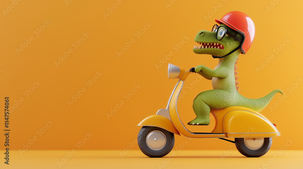 A cute dinosaur biker illustration, riding a scooter with a smile. Perfect for children's posters, fun adventures, and colorful designs, featuring a friendly, banner wed design flyer poster A cute dinosaur biker illustration, riding a scooter with a smile. Perfect for children's posters, fun adventures, and colorful designs, featuring a friendly, banner wed design flyer poster