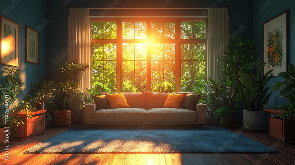 Cozy living room with sunlight streaming through window. Concept of relaxation, home, and nature. Cozy living room with sunlight streaming through window. Concept of relaxation, home, and nature.