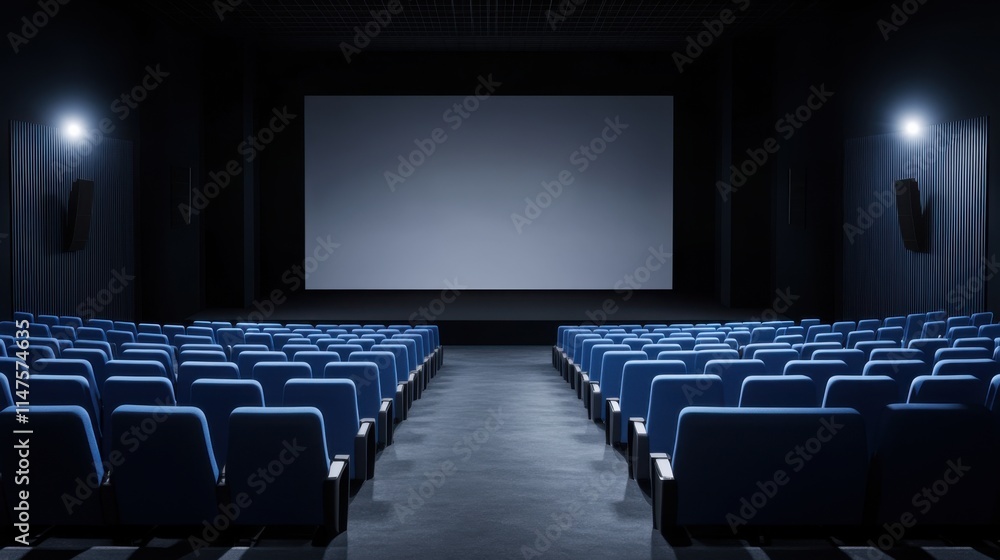 Empty Cinema with Blue Seats and Blank Projection Screen Awaiting Movie Screening Experience Empty Cinema with Blue Seats and Blank Projection Screen Awaiting Movie Screening Experience