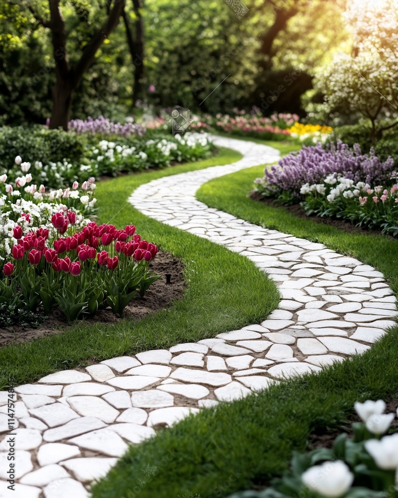Serene garden pathway winding through colorful flowers. Serene garden pathway winding through colorful flowers.