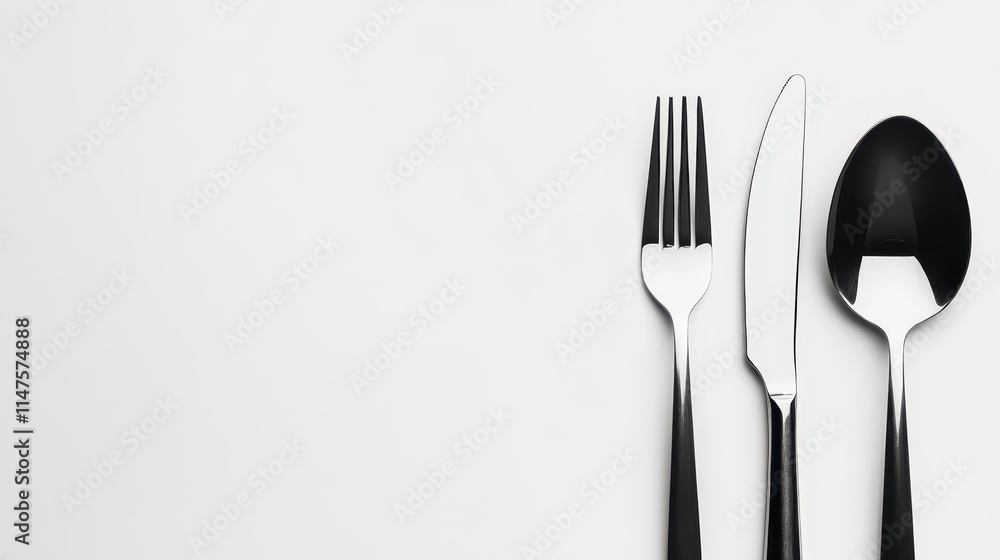Modern Black and Silver Cutlery on Clean Background Modern Black and Silver Cutlery on Clean Background