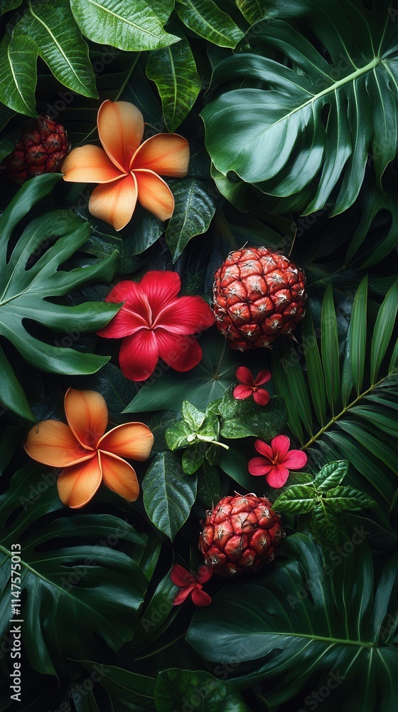 A vibrant arrangement of tropical flowers and pineapples amidst lush green leaves, evoking a natural paradise. A vibrant arrangement of tropical flowers and pineapples amidst lush green leaves, evoking a natural paradise.