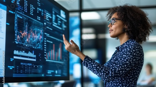 Professional Woman Engaging in Hybrid Meeting within Modern Office Environment Using Interactive Technology for Effective Communication and Collaboration