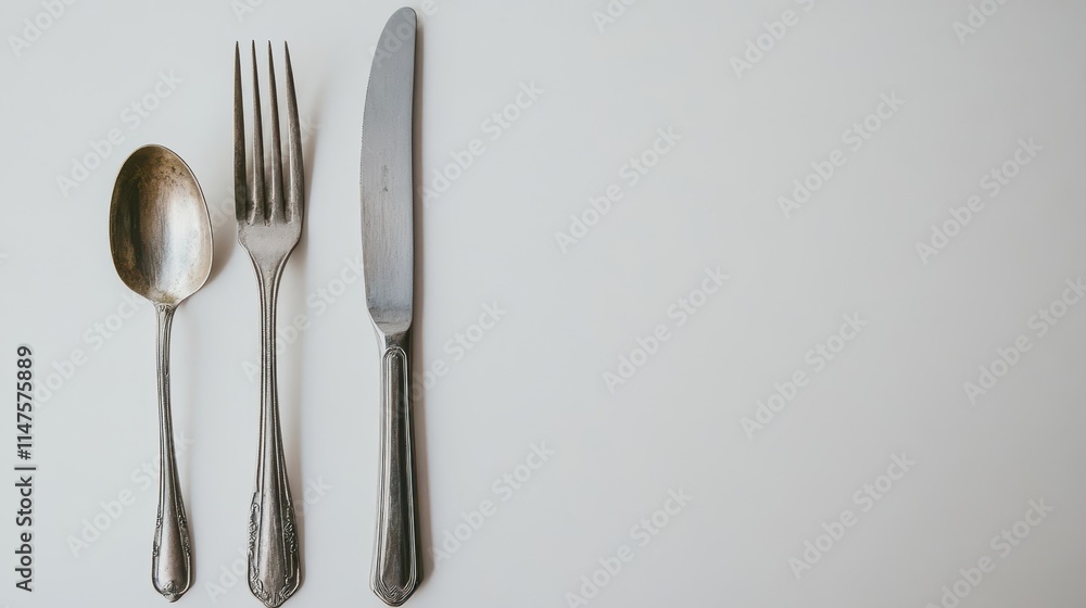 Elegant Stainless Steel Cutlery Set on White Background Elegant Stainless Steel Cutlery Set on White Background