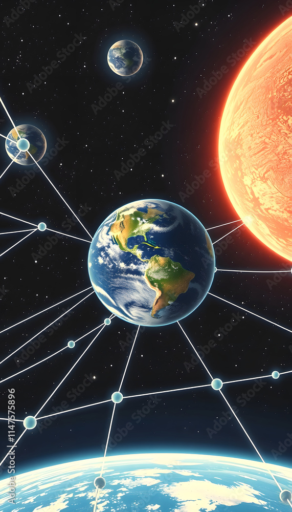 Naklejka premium earth in space and network connection, retro style, with white tones