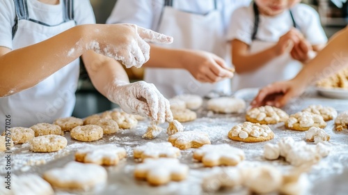 Joyful Parents and Children Baking Delicious Cookies Together in a Bright and Cheerful Kitchen Setting Filled with Flour and Sweet Treats