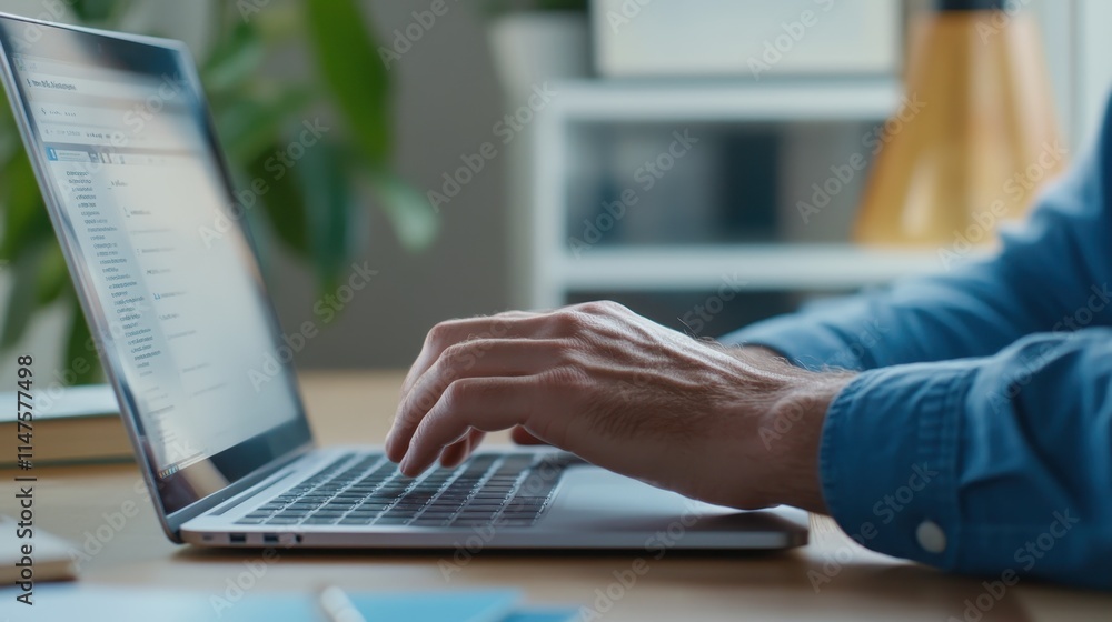 Man Working on Sleek Laptop in Cozy Corner of Home Office Surrounded by Greenery and Natural Light for Productive Environment Man Working on Sleek Laptop in Cozy Corner of Home Office Surrounded by Greenery and Natural Light for Productive Environment
