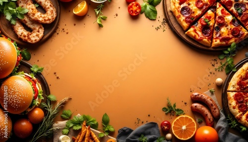restaurant, gourmet, hamburgers, artisanal, pizzas, grilled, chicken, sausages, vibrant, backdrop, orange, brown, food, menu, delicious, savory, culinary, dining, cuisine, tasty, elegant, graphic