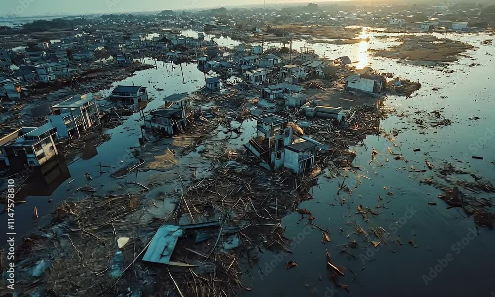 Aerial view of a flooded area with damaged houses and debris ...