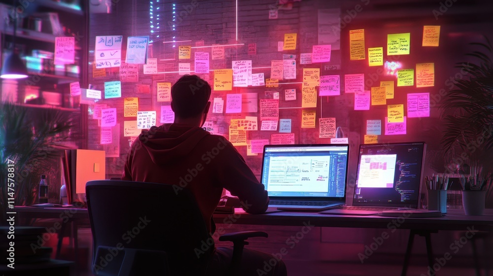 Focused Man Organizing Tasks with Sticky Notes While Working on Laptop in Modern Office Environment with Colorful Background Focused Man Organizing Tasks with Sticky Notes While Working on Laptop in Modern Office Environment with Colorful Background