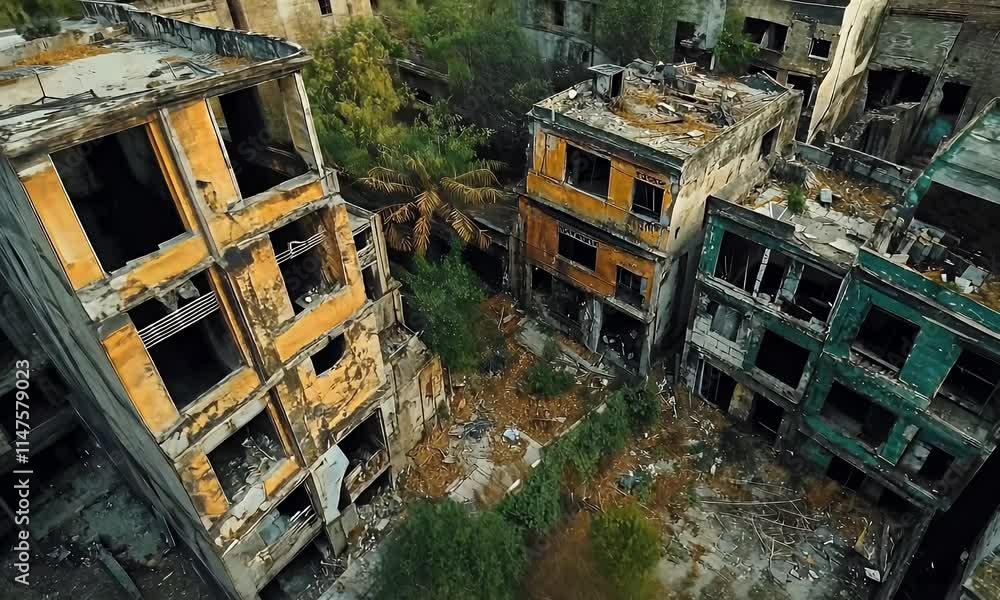 Aerial view of abandoned buildings overtaken by nature, showcasing decay and urban exploration.