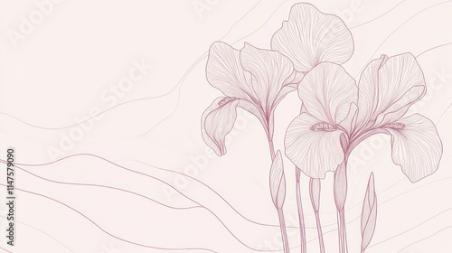 Elegant line art iris flowers on a soft pink background with flowing lines.