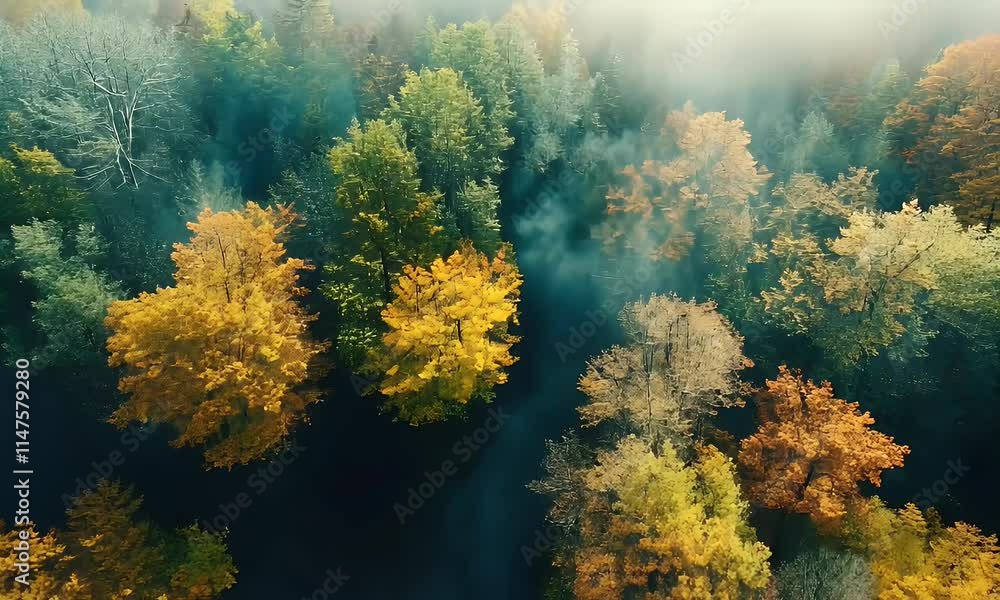 Aerial view of colorful autumn trees surrounded by misty atmosphere. Aerial view of colorful autumn trees surrounded by misty atmosphere.