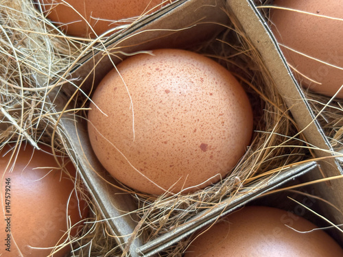 A box of eggs with a single egg in the middle photo