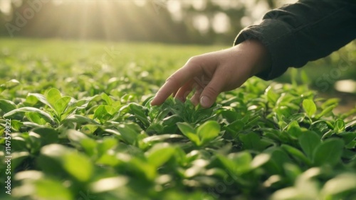 Person's Hand Touching Vibrant Green Plant in Field, Sunlit Outdoor Scene with Blurred Background of Trees and Greenery.