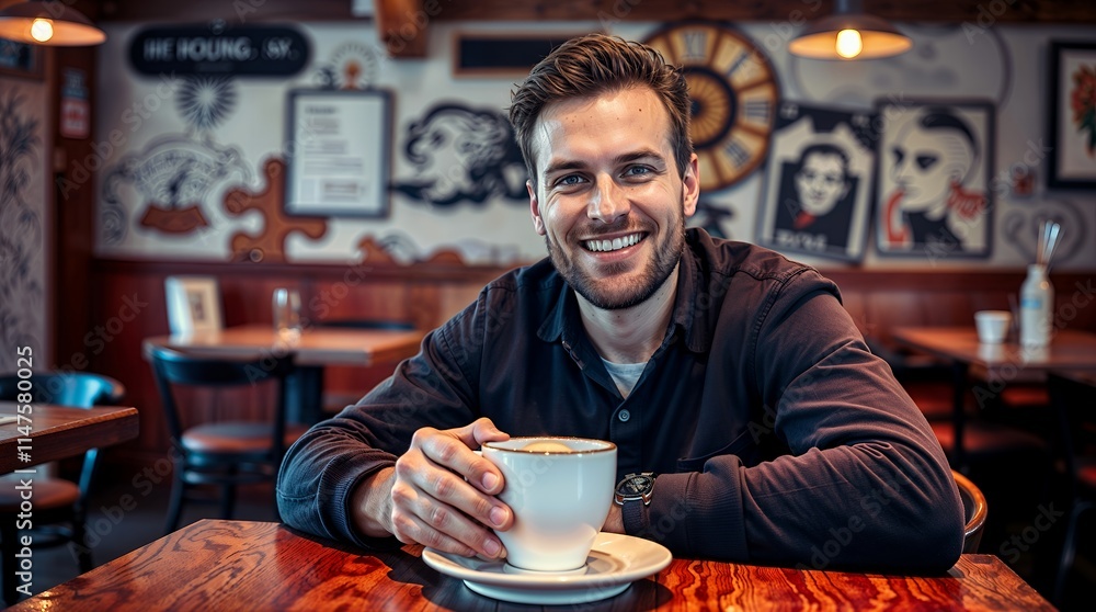 Man with a warm smile, sitting at a cafe table, holding a coffee cup. Decorative walls Man with a warm smile, sitting at a cafe table, holding a coffee cup. Decorative walls