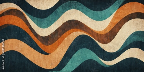Abstract vintage digital art with wave pattern in shades of orange, green, and brown on a dark blue grungy background.
