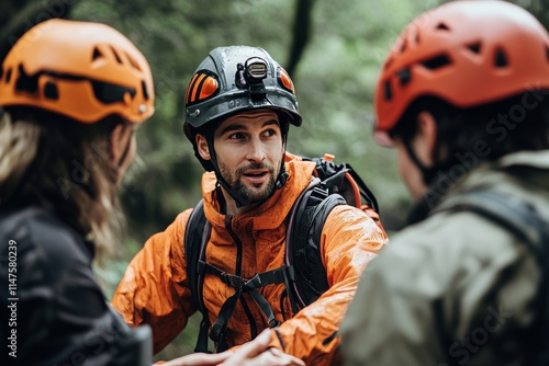 Rescue professional in helmet collaborates with team in wilderness, emphasizing safety and teamwork photo