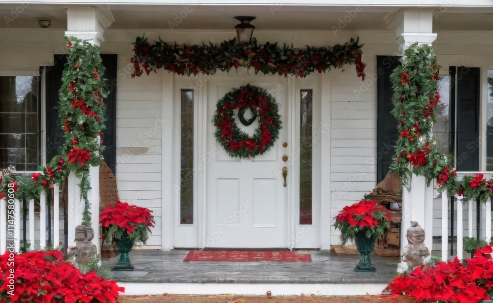 Christmas Decorated White House Entrance with Wreath, Garland, Ornaments, Poinsettias, and White Picket Fence Christmas Decorated White House Entrance with Wreath, Garland, Ornaments, Poinsettias, and White Picket Fence