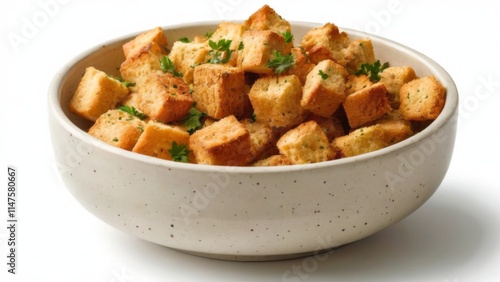 White Ceramic Bowl Filled with Golden Brown Croutons, Seasoned with Herbs and Spices, Garnished with Chopped Parsley.