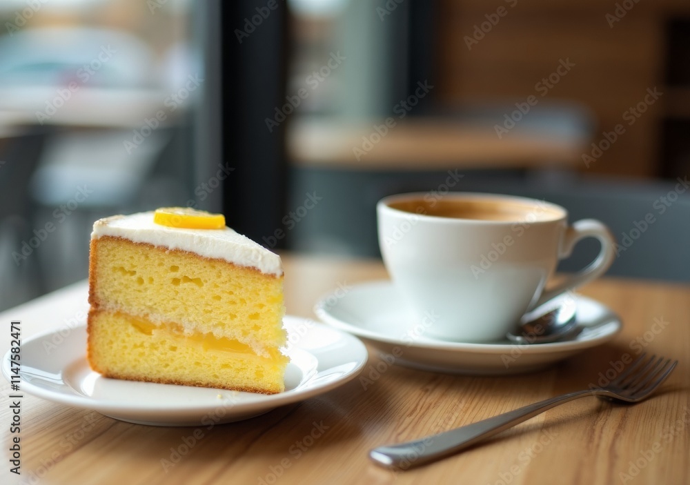 Delicious slice of cake with coffee on a wooden table in a cozy cafe setting Delicious slice of cake with coffee on a wooden table in a cozy cafe setting