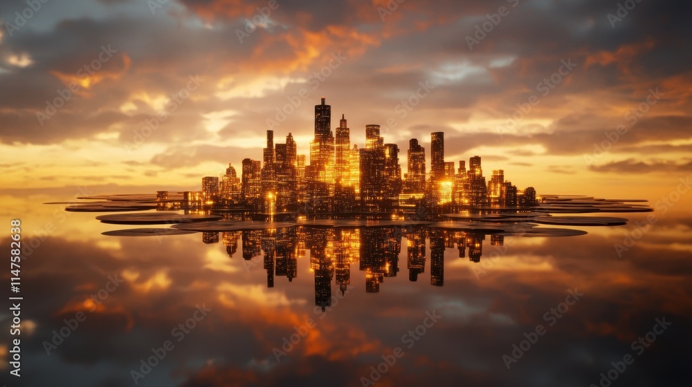 Naklejka premium Stunning Floating Cityscape Built on Water with Reflections at Sunset Surrounded by Lilies and Dramatic Sky