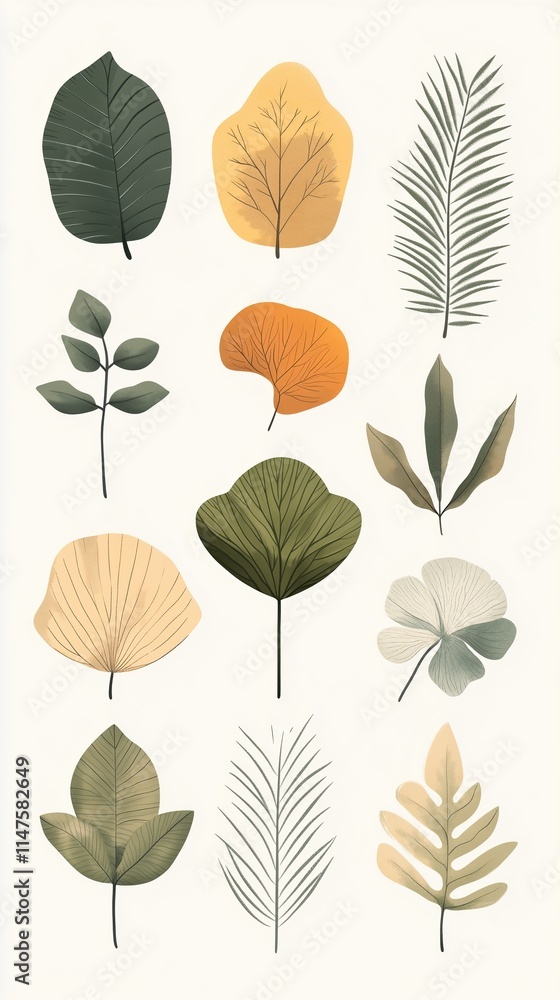 Obraz premium Minimalist botanical illustration featuring varied leaf designs in earthy tones, sustainable aesthetic