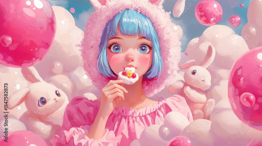 Fototapeta premium Sweet Fantasy Portrait of Girl in Bunny Outfit Surrounded by Bubbles