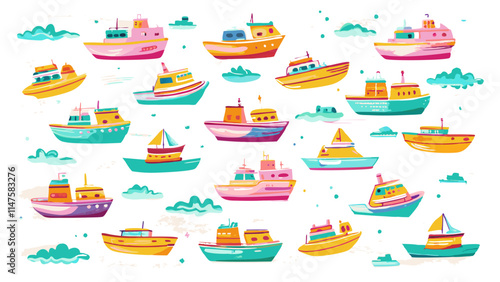 Colorful Assortment of Cartoon Boats and Ships Illustration