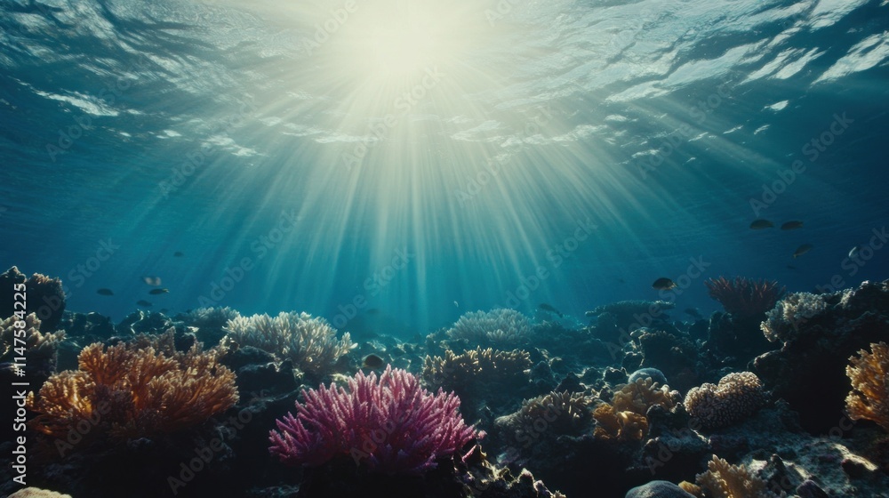 Fototapeta premium Sunbeams illuminate vibrant coral reef underwater. (1)