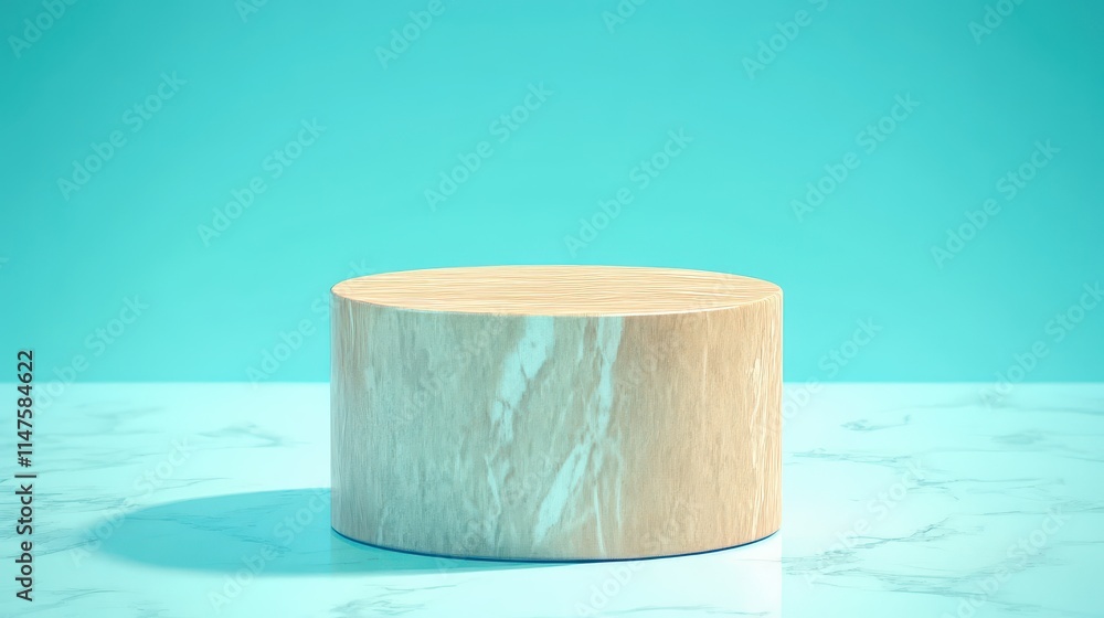 Cylindrical Wooden Display Platform on Turquoise Background Cylindrical Wooden Display Platform on Turquoise Background