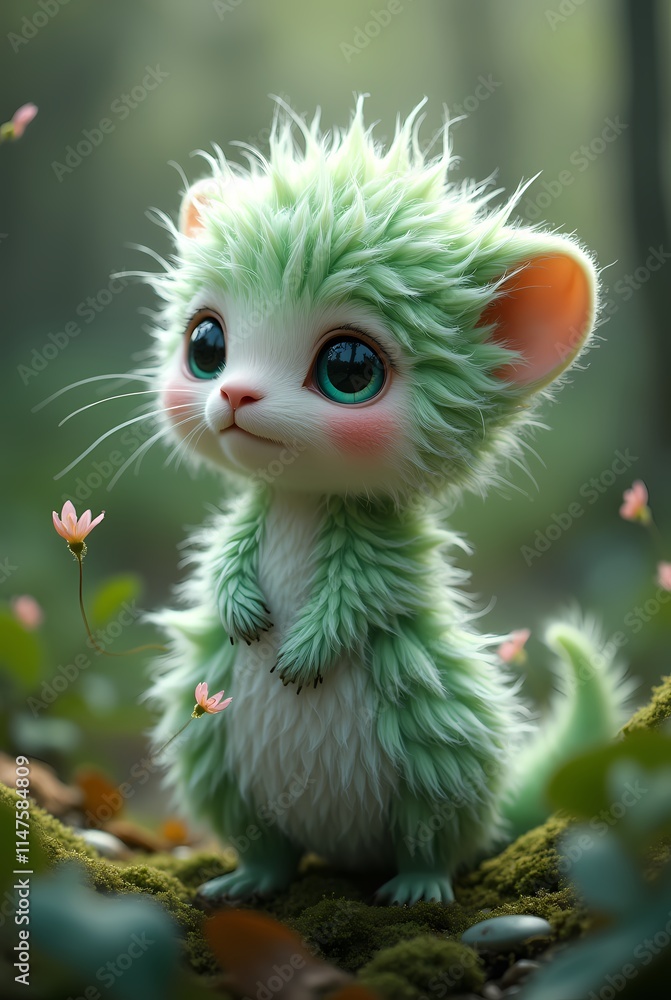 Fototapeta premium Cute fantasy creature covered with white and green fluffy leaves stands in the atmosphere of a fairy forest