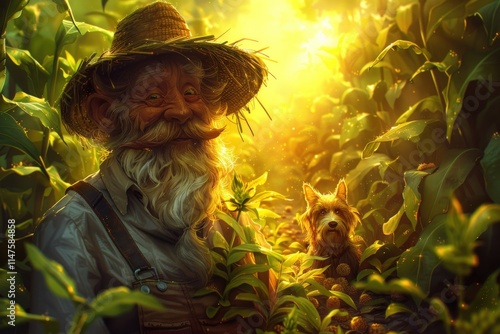 A jovial elderly farmer, with a long white beard and straw hat, smiles warmly amidst a lush cornfield, accompanied by a small dog.  Golden sunlight streams through the tall stalks. photo