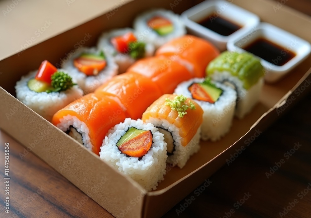 Freshly prepared sushi rolls served in a takeout box with dipping sauces Freshly prepared sushi rolls served in a takeout box with dipping sauces