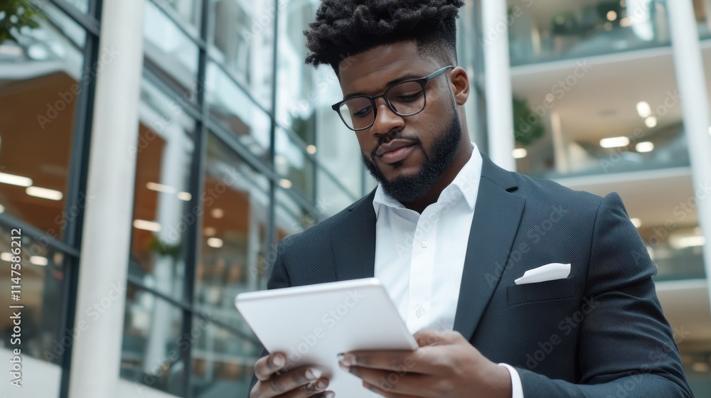 Businessman Engaged with AI Powered Application Displayed on Tablet in Modern Office Environment Businessman Engaged with AI Powered Application Displayed on Tablet in Modern Office Environment