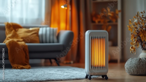 In the living room, a portable electric oil heater takes center stage during the chilly autumn. It stands firmly on the floor, emitting a comforting warmth. With its efficient temperature control photo