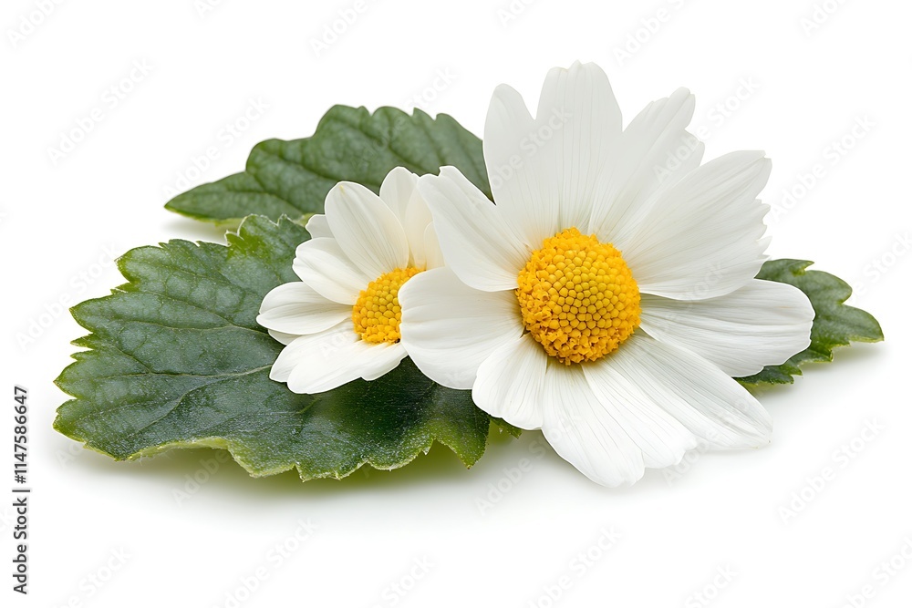 Fototapeta premium Two white daisies with yellow centers rest on vibrant green leaves, isolated on a white background.