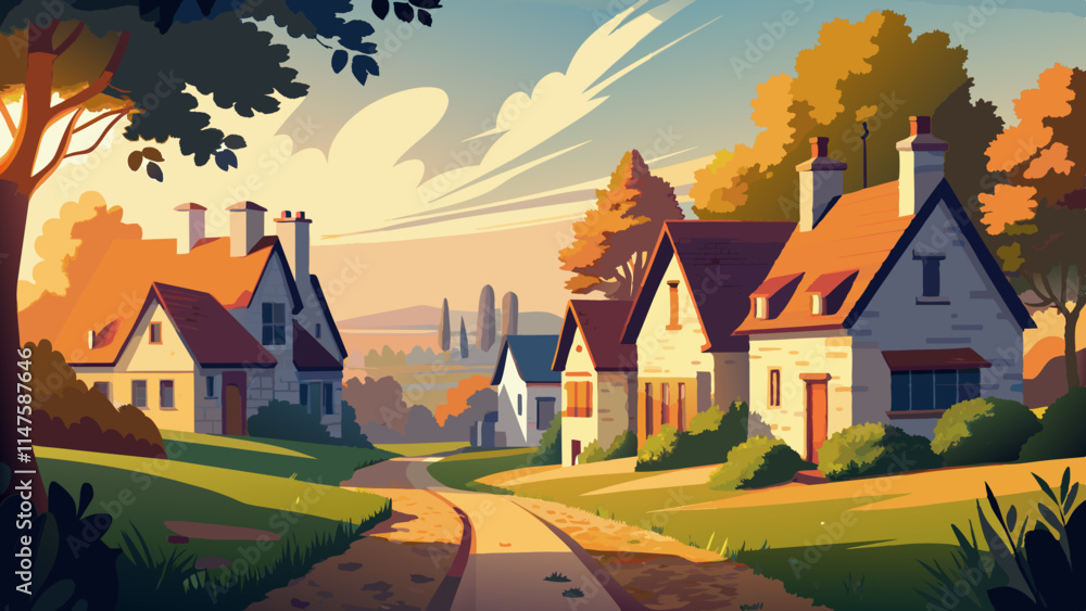 Naklejka premium Idyllic Suburban Neighborhood at Sunset with Autumn Foliage