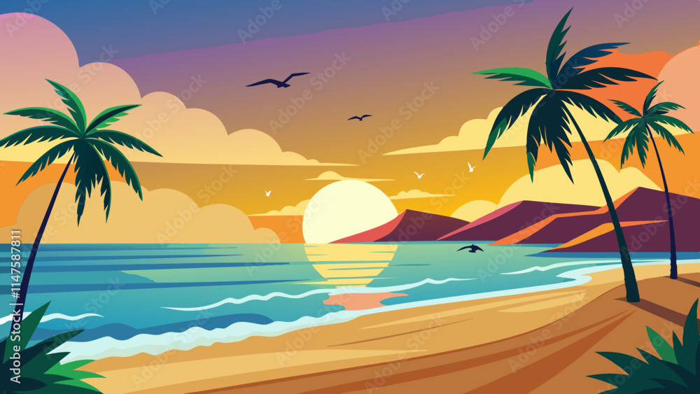 Tropical Sunset Beach with Palm Trees and Vibrant Sky Tropical Sunset Beach with Palm Trees and Vibrant Sky